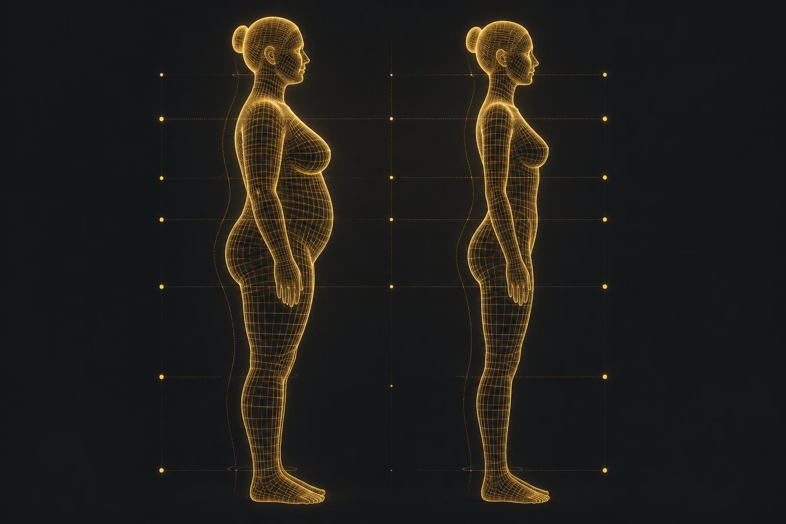 3D wireframe body avatars showing progress over time